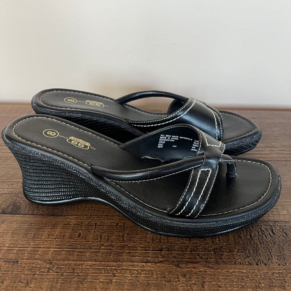 Vintage Y2K Route 66 Strappy Wedge Platform Chunky Thong Sandals 🖤